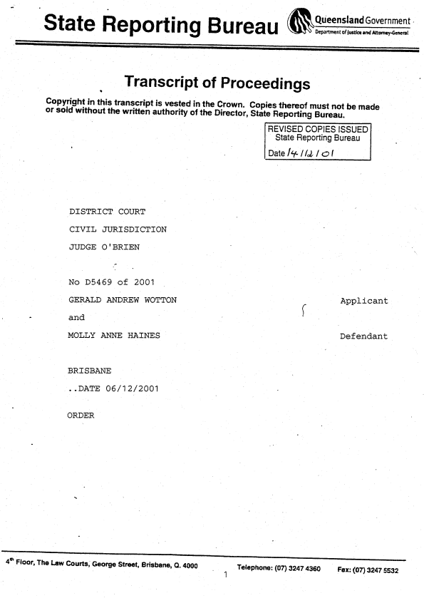 Wotton v Haines [2001] QDC 362