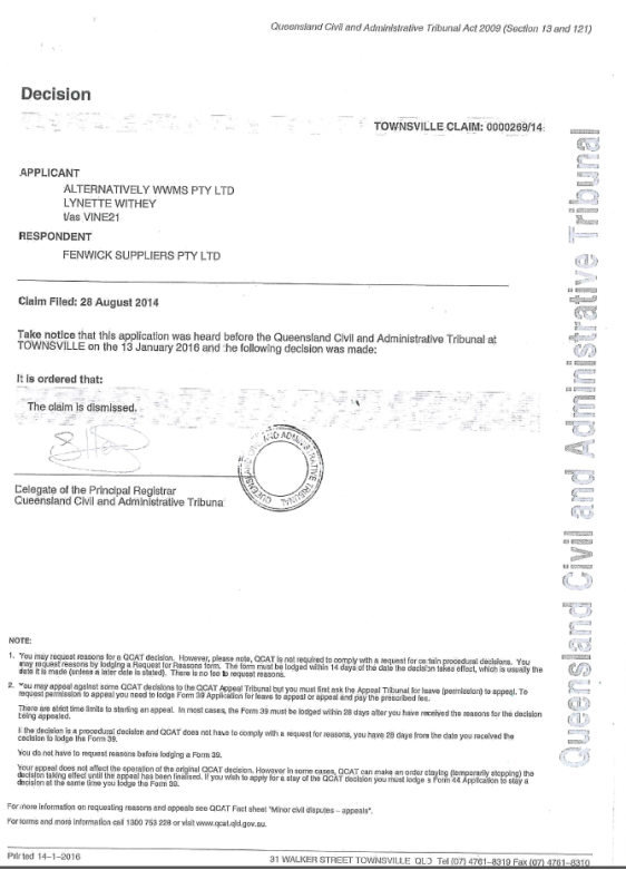 Alternatively WWM & S Pty Ltd v Fenwicks Suppliers Pty Ltd [2016] QCATA 63