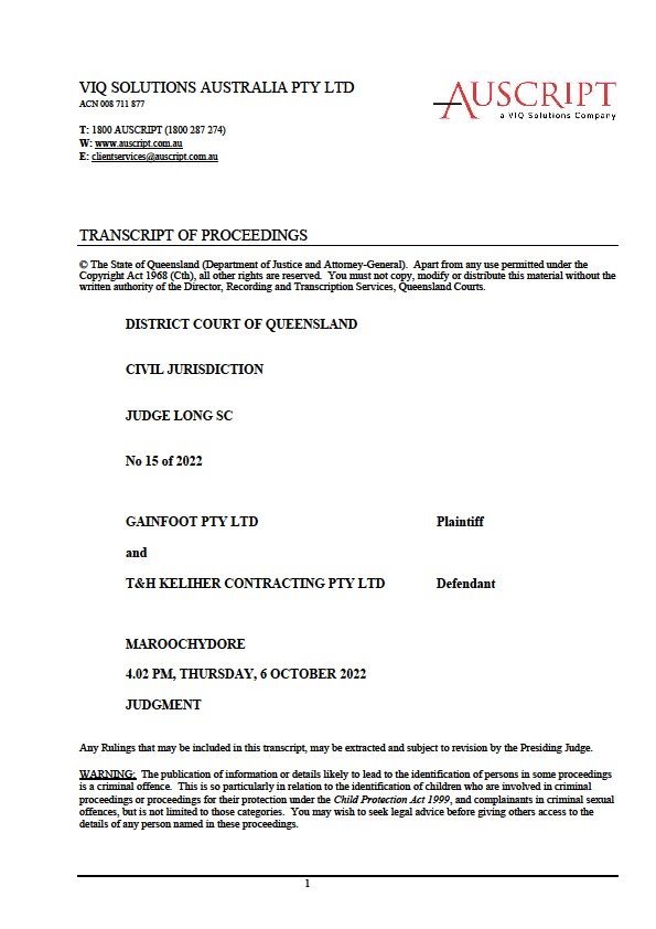 Gainfoot Pty Ltd v T&H Keliher Contracting Pty Ltd [2022] QDC 296